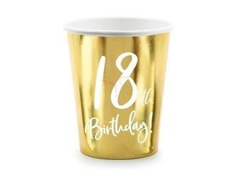 Kubeczki papierowe - 18th Birthday! - Złote - 220ml - 6 sztuk